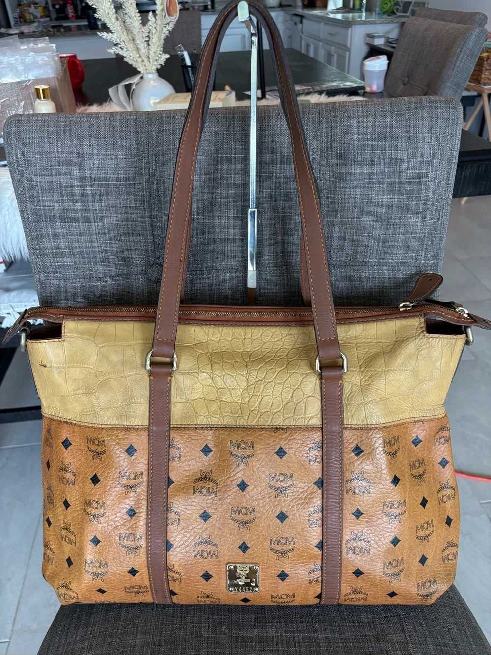 MCM Two-Tone Cognac and Mustard Monogram Leather Shoulder Tote